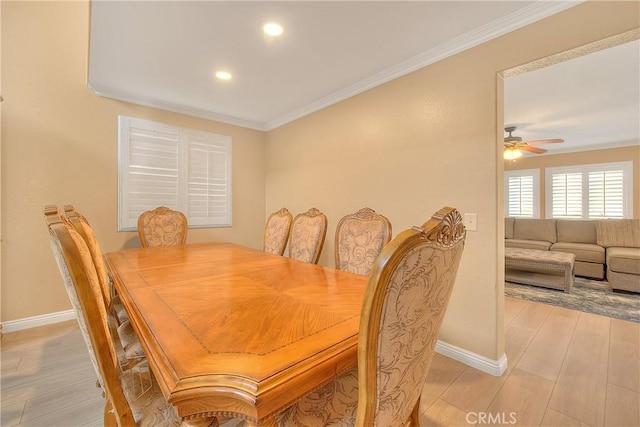 12415 Brianwood Dr, Riverside, CA 92503 - dining area with crown molding, baseboards, a ceiling fan, light wood-style floors, and recessed lighting