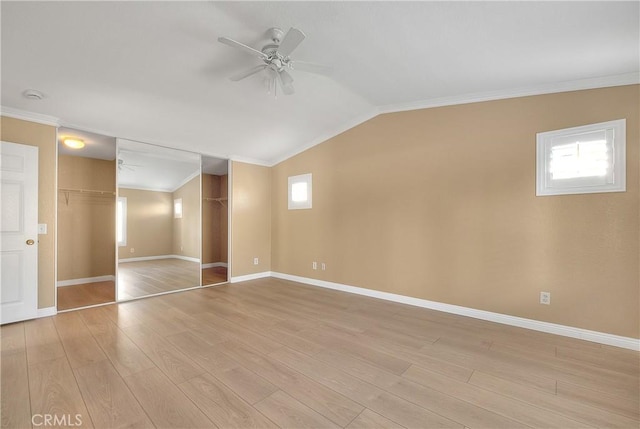 12415 Brianwood Dr, Riverside, CA 92503 - unfurnished bedroom with ornamental molding, lofted ceiling, baseboards, light wood-type flooring, and ceiling fan