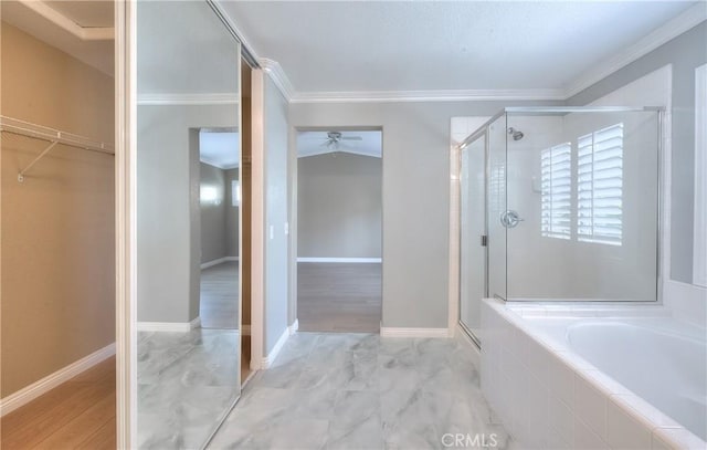 12415 Brianwood Dr, Riverside, CA 92503 - bathroom featuring a stall shower, a garden tub, ceiling fan, crown molding, and a spacious closet