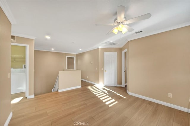 12415 Brianwood Dr, Riverside, CA 92503 - spare room featuring ornamental molding, light wood-style floors, baseboards, a ceiling fan, and recessed lighting