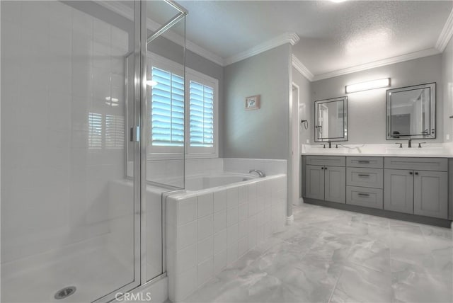 12415 Brianwood Dr, Riverside, CA 92503 - bathroom with a bath, double vanity, a shower stall, ornamental molding, and marble look tiles