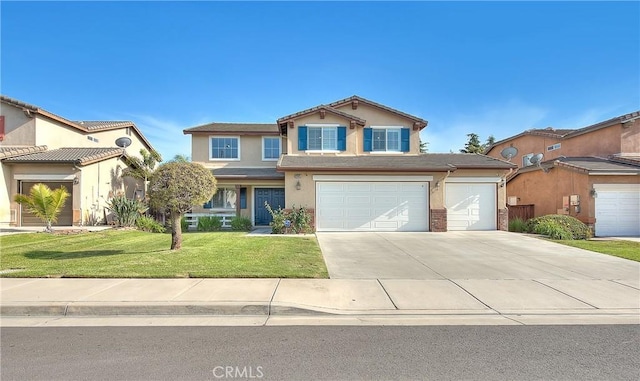 12415 Brianwood Dr, Riverside, CA 92503 - view of front facade featuring concrete driveway, a front lawn, stucco siding, a garage, and a tiled roof