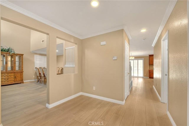 12415 Brianwood Dr, Riverside, CA 92503 - corridor featuring light wood-type flooring, baseboards, ornamental molding, and recessed lighting