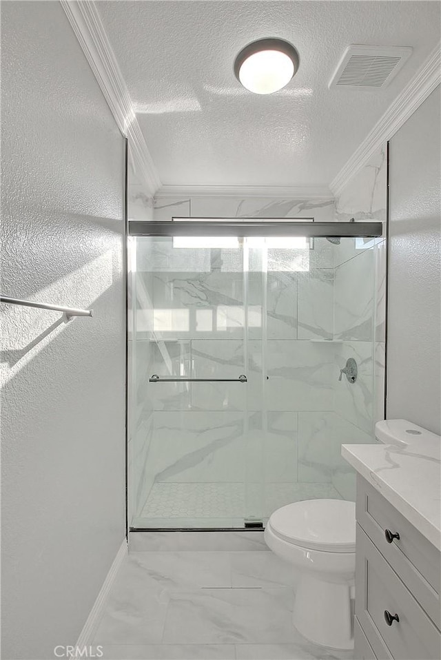 12415 Brianwood Dr, Riverside, CA 92503 - full bathroom with ornamental molding, a marble finish shower, toilet, vanity, and marble finish floors