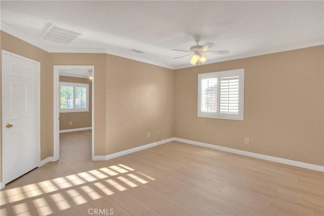 12415 Brianwood Dr, Riverside, CA 92503 - empty room featuring ceiling fan, light wood-style flooring, baseboards, and ornamental molding