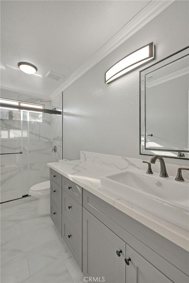 12415 Brianwood Dr, Riverside, CA 92503 - bathroom with crown molding, vanity, a marble finish shower, a textured ceiling, and toilet