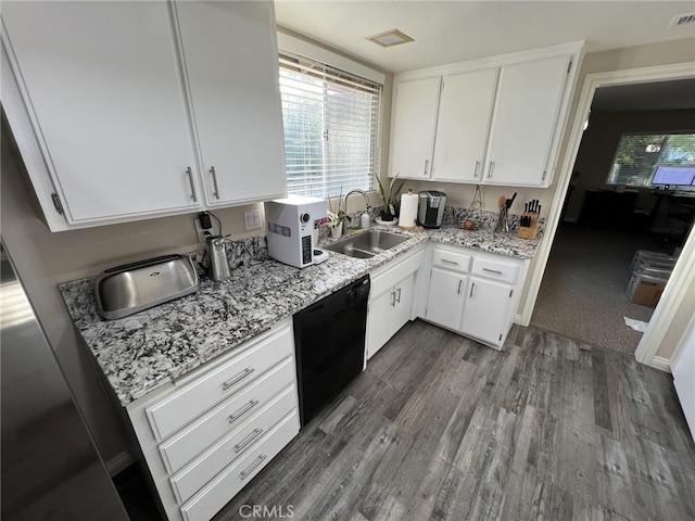 108 Limestone Rd, Claremont, CA 91711 - kitchen with dishwasher, a sink, white cabinets, dark wood-style flooring, and light stone counters