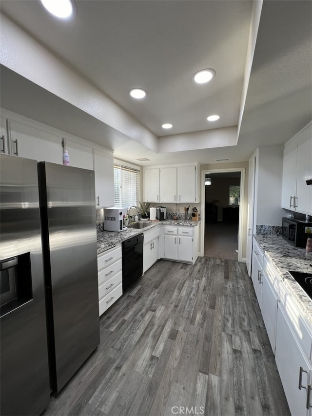 108 Limestone Rd, Claremont, CA 91711 - kitchen with stainless steel fridge with ice dispenser, dishwasher, a tray ceiling, white cabinets, and dark wood-type flooring