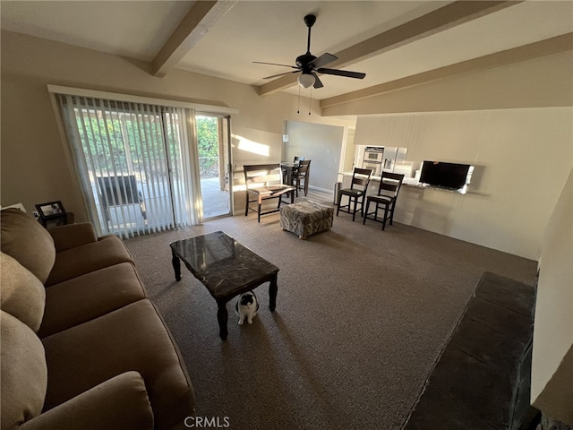108 Limestone Rd, Claremont, CA 91711 - living area with ceiling fan, beamed ceiling, and carpet floors