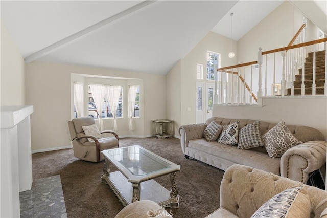 4950 N Treanor Ave, Covina, CA 91724 - living room featuring high vaulted ceiling, carpet, baseboards, and stairs