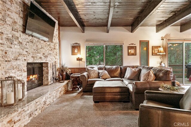 1213 Jungfrau Dr, Crestline, CA 92325 - carpeted living area with a wooden ceiling with exposed beams and a fireplace