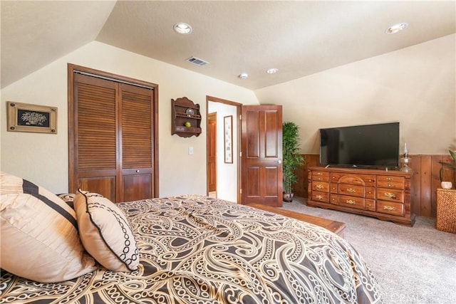 1213 Jungfrau Dr, Crestline, CA 92325 - carpeted bedroom with lofted ceiling, a closet, and recessed lighting