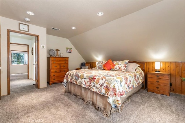 1213 Jungfrau Dr, Crestline, CA 92325 - bedroom featuring carpet, vaulted ceiling, and recessed lighting