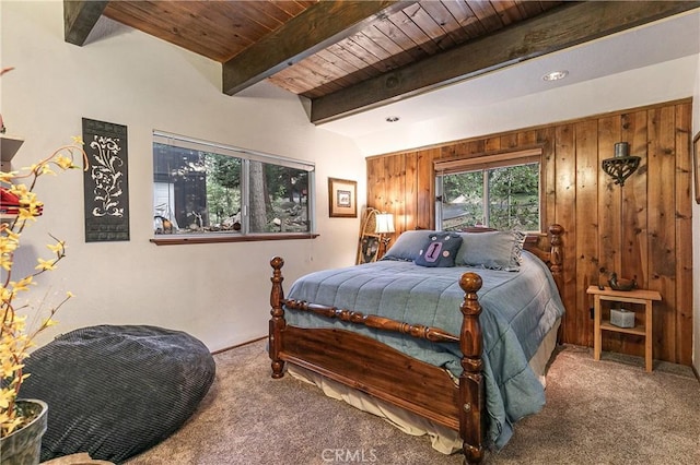 1213 Jungfrau Dr, Crestline, CA 92325 - carpeted bedroom with a wood ceiling with exposed beams and wood walls