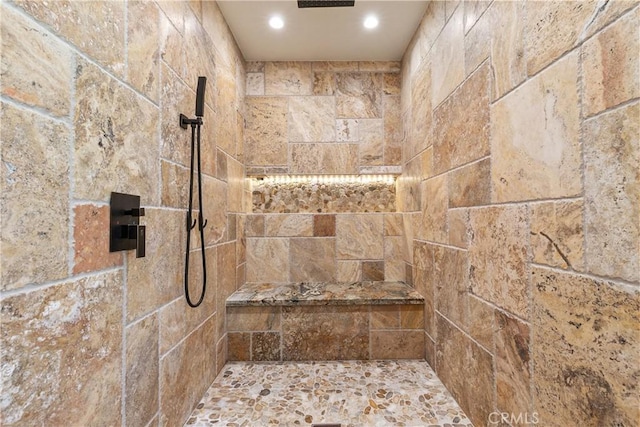 1213 Jungfrau Dr, Crestline, CA 92325 - full bath featuring tiled shower and recessed lighting