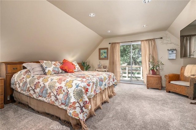 1213 Jungfrau Dr, Crestline, CA 92325 - carpeted bedroom featuring access to outside and vaulted ceiling