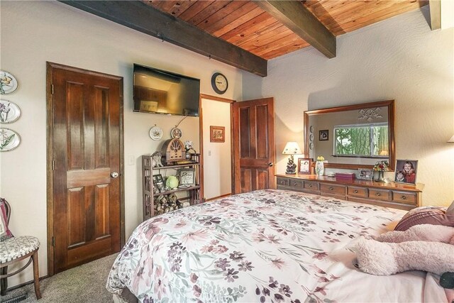 1213 Jungfrau Dr, Crestline, CA 92325 - bedroom with a wooden ceiling with exposed beams and carpet flooring