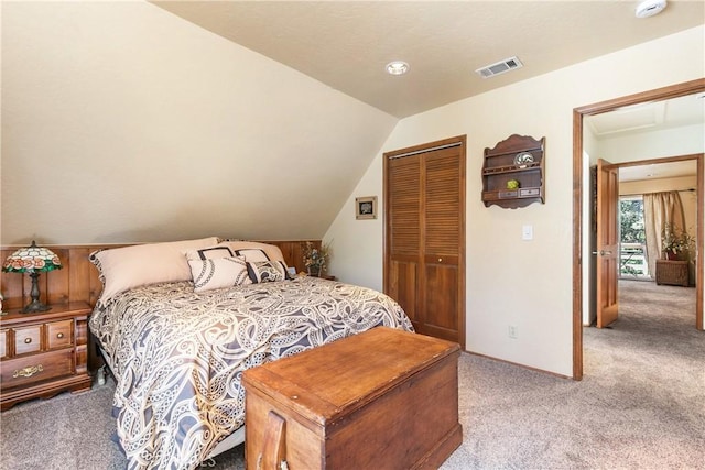 1213 Jungfrau Dr, Crestline, CA 92325 - carpeted bedroom featuring a closet and vaulted ceiling