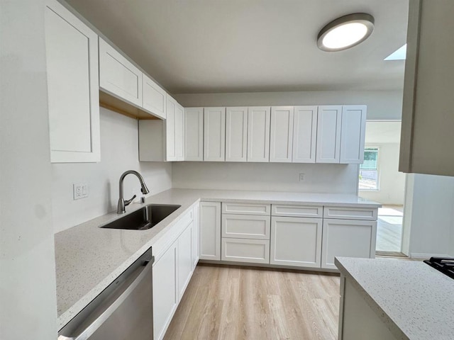 1335 S Hickory St, Anaheim, CA 92805 - kitchen featuring a sink, dishwasher, light wood-style flooring, light stone countertops, and white cabinets