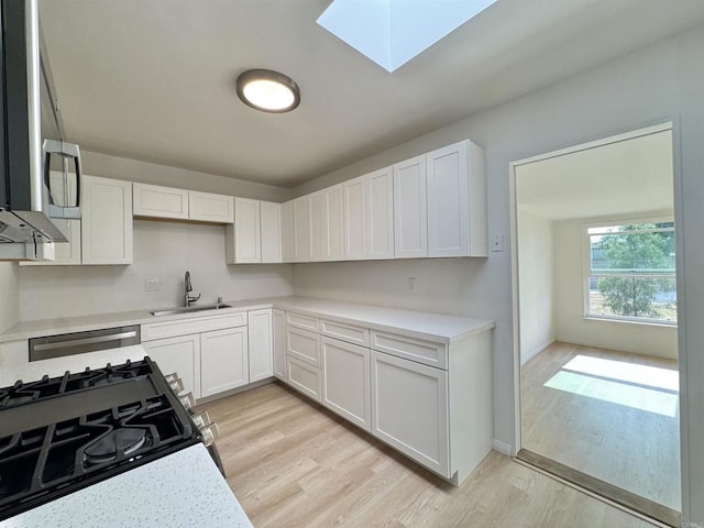 1335 S Hickory St, Anaheim, CA 92805 - kitchen featuring a sink, a skylight, light wood finished floors, dishwasher, and light countertops
