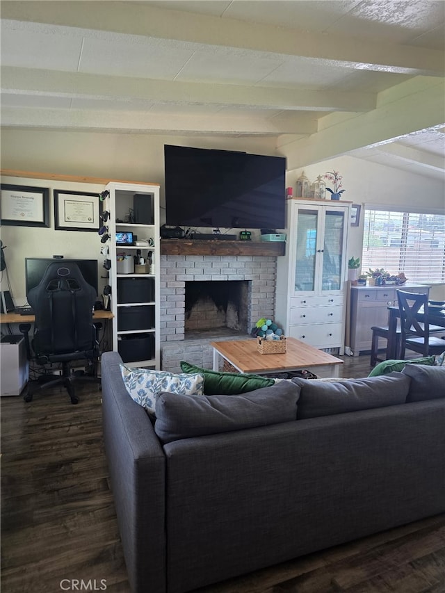 1417 Batson Ave, Rowland Heights, CA 91748 - living room featuring beamed ceiling, an office area, dark wood-style floors, and a brick fireplace