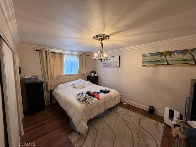 2309 W Anahurst Pl, Santa Ana, CA 92704 - bedroom with dark wood finished floors, baseboards, a chandelier, and ornamental molding