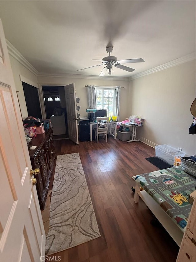 2309 W Anahurst Pl, Santa Ana, CA 92704 - living area with wood finished floors, ornamental molding, and a ceiling fan