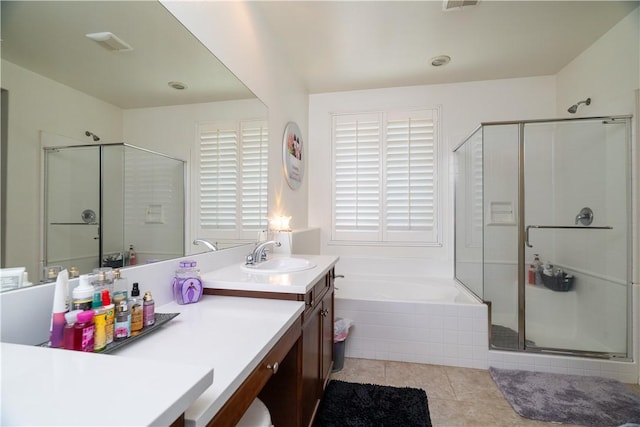 15345 Chive Ln, Fontana, CA 92336 - full bath featuring vanity, a stall shower, a bath, and tile patterned flooring