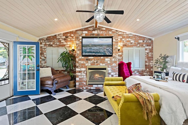 2042 Pheasant Run, Fallbrook, CA 92028 - living room featuring wooden ceiling, brick wall, ornamental molding, a brick fireplace, and ceiling fan