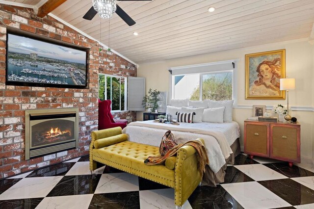 2042 Pheasant Run, Fallbrook, CA 92028 - bedroom featuring wooden ceiling, vaulted ceiling, a fireplace, marble tiled floors, and recessed lighting