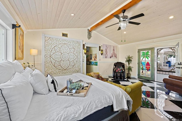 2042 Pheasant Run, Fallbrook, CA 92028 - bedroom featuring access to outside, wood ceiling, recessed lighting, and a ceiling fan
