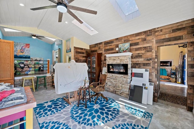 2042 Pheasant Run, Fallbrook, CA 92028 - living room with a skylight, ceiling fan, an AC wall unit, wooden walls, and vaulted ceiling