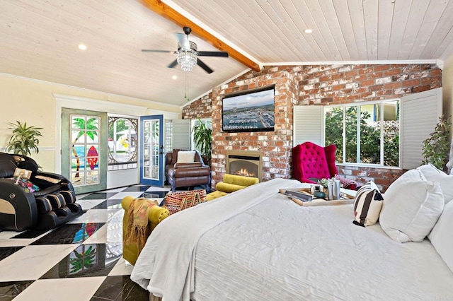 2042 Pheasant Run, Fallbrook, CA 92028 - bedroom with access to outside, wood ceiling, a brick fireplace, brick wall, and ornamental molding