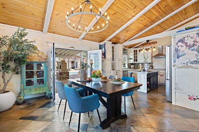 2042 Pheasant Run, Fallbrook, CA 92028 - dining area with wood ceiling, a chandelier, and stone tile floors