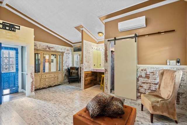 2042 Pheasant Run, Fallbrook, CA 92028 - lobby with lofted ceiling, ornamental molding, brick wall, and a textured ceiling