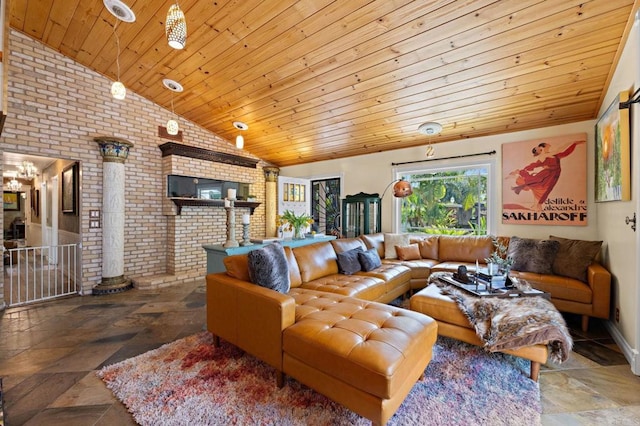 2042 Pheasant Run, Fallbrook, CA 92028 - living room featuring brick wall, vaulted ceiling, wood ceiling, and stone tile floors