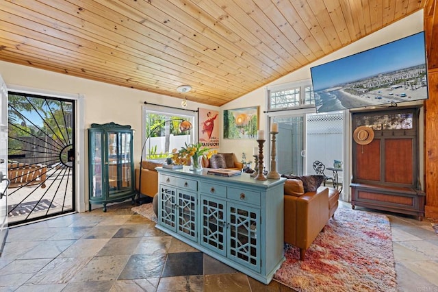 2042 Pheasant Run, Fallbrook, CA 92028 - living room with stone tile flooring, lofted ceiling, plenty of natural light, and wood ceiling