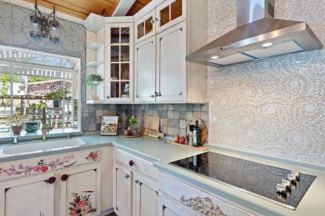 2042 Pheasant Run, Fallbrook, CA 92028 - kitchen featuring wall chimney exhaust hood, black electric stovetop, light countertops, backsplash, and white cabinetry