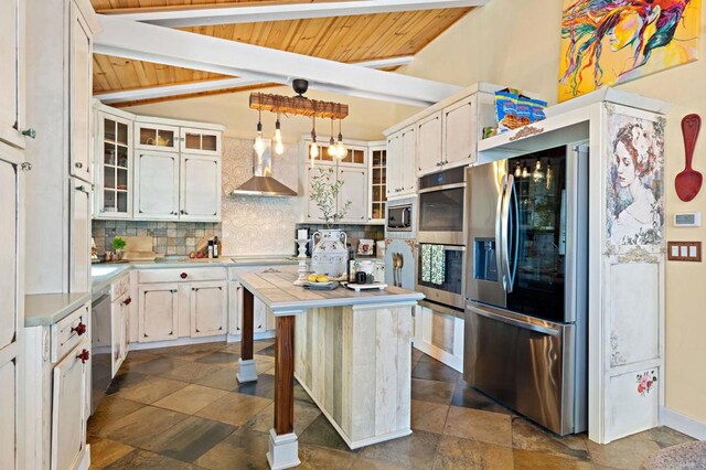 2042 Pheasant Run, Fallbrook, CA 92028 - kitchen featuring stainless steel appliances, wall chimney range hood, backsplash, wood ceiling, and dark stone finish flooring