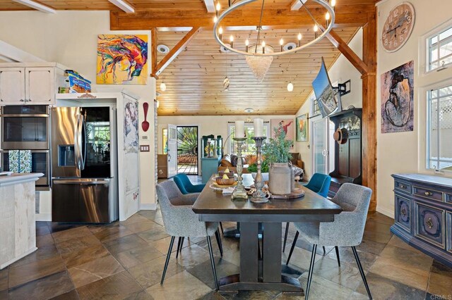 2042 Pheasant Run, Fallbrook, CA 92028 - dining space featuring wood ceiling, healthy amount of natural light, high vaulted ceiling, stone tile flooring, and a chandelier