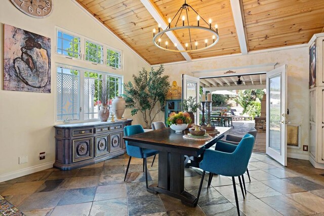 2042 Pheasant Run, Fallbrook, CA 92028 - dining room featuring a wood ceiling with exposed beams, stone tile flooring, a chandelier, french doors, and high vaulted ceiling