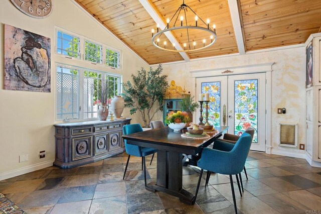 2042 Pheasant Run, Fallbrook, CA 92028 - dining room featuring a wooden ceiling with exposed beams, a chandelier, french doors, stone tile floors, and high vaulted ceiling