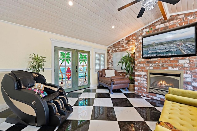 2042 Pheasant Run, Fallbrook, CA 92028 - living area with french doors, wooden ceiling, a ceiling fan, a fireplace, and recessed lighting