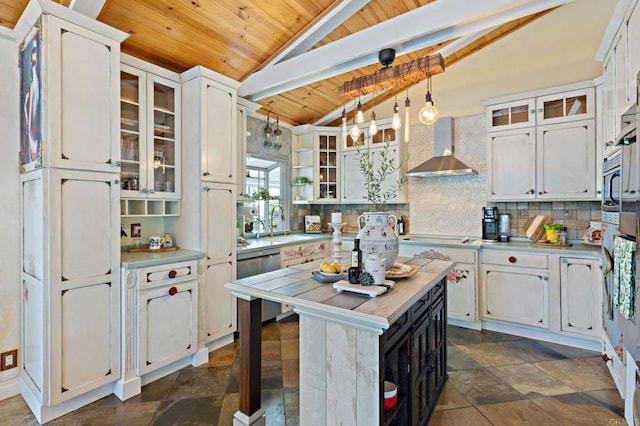 2042 Pheasant Run, Fallbrook, CA 92028 - kitchen with wall chimney range hood, wood ceiling, light countertops, dishwasher, and tasteful backsplash