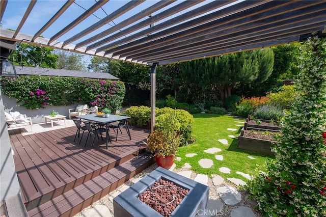 4146 Michael Ave, Los Angeles, CA 90066 - view of patio / terrace with a deck, a garden, a fire pit, outdoor dining area, and a pergola