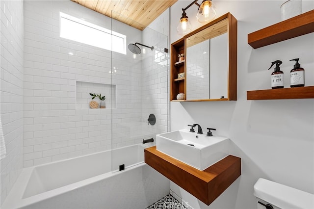 4146 Michael Ave, Los Angeles, CA 90066 - bathroom with toilet, wooden ceiling, shower / tub combination, and vanity