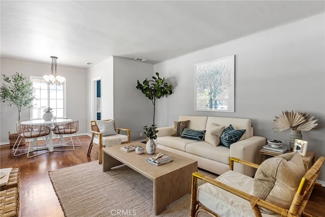 4146 Michael Ave, Los Angeles, CA 90066 - living room featuring wood finished floors, a chandelier, and baseboards