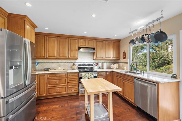 28041 Via Machado, Mission Viejo, CA 92692 - kitchen featuring stainless steel appliances, a sink, under cabinet range hood, dark wood-type flooring, and recessed lighting