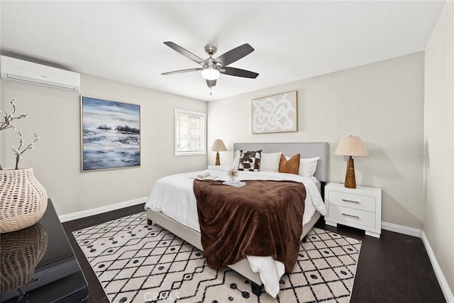 406 E Graves Ave, Monterey Park, CA 91755 - bedroom featuring an AC wall unit, baseboards, wood finished floors, and ceiling fan