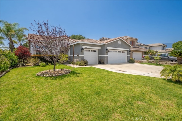 7256 Plumrose St, Fontana, CA 92336 - view of front of property with a garage, stucco siding, driveway, a front lawn, and a tile roof